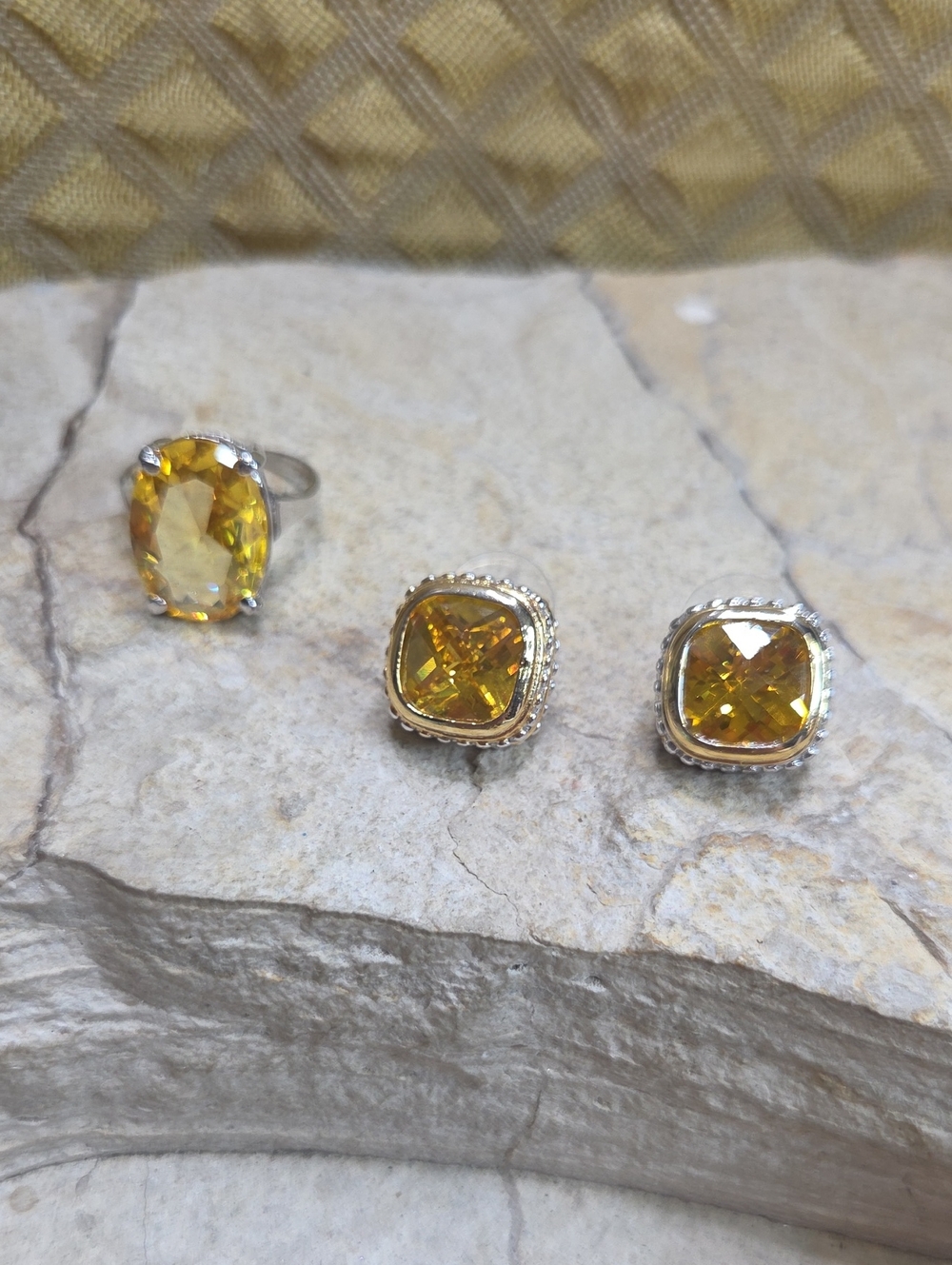 Yellow CZ Crystal Ring and Earring Set - Women Jewelry Size 8